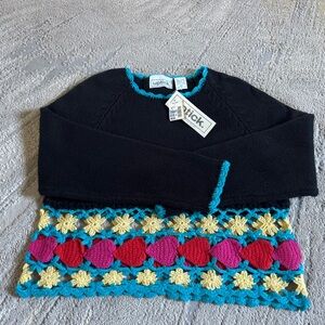 Vintage 90s black crochet floral hearts sweater crewneck granny boxy new medium